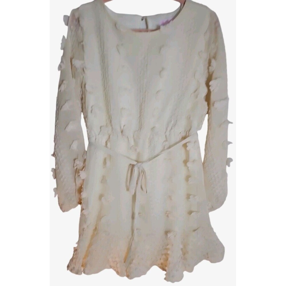 Pink Lily Long Shear Balloon Sleeves Swiss Dot Dress Beige Women Sz M Lined